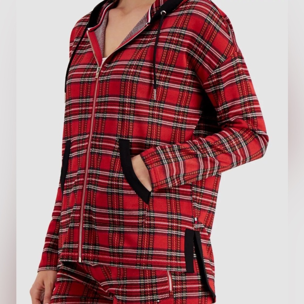 Tommy Hilfiger Women's Red Plaid 2 Piece SET: Zip Hoodie & Jogger Pants Medium